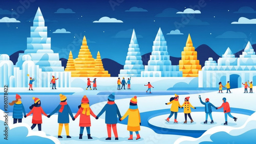 People ice skating together in winter wonderland with ice castles and towers under starry night sky with snowflakes