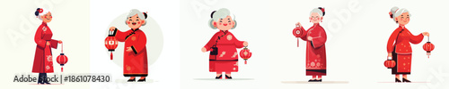 vector of a grandmother standing hold a Chinese New Year lantern