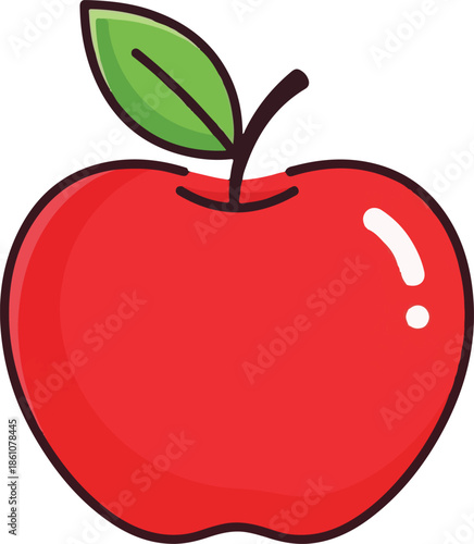 A vibrant, red apple vector illustration with a single green leaf. The clean, modern design features bold outlines and a subtle highlight, symbolizing health, nutrition, and fresh organic fruit.