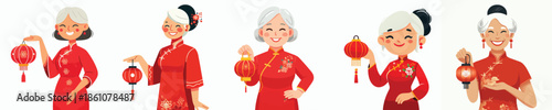 vector half body of a grandmother holding a Chinese New Year lantern