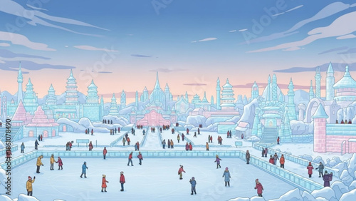 People ice skating on frozen pond surrounded by ice sculptures and buildings in winter wonderland scene with blue sky and clouds at sunset