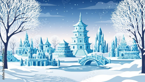 Winter landscape with pagoda and bridge in snowy fantasy village, serene illustration, blue and white color scheme, snowfall scene