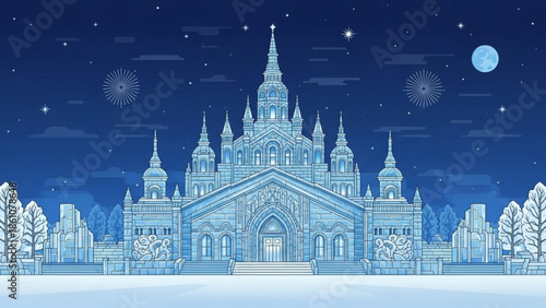 Fantasy castle illustration with spires and fireworks under a starry night sky with moon