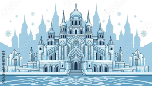 Ornate gothic style palace with multiple spires and domes illustration, fantasy castle with staircase and reflections