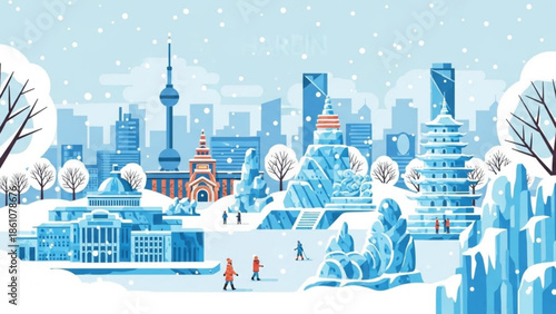Snowy cityscape with people walking in winter landscape, digital art illustration, frosty urban scene with buildings and trees