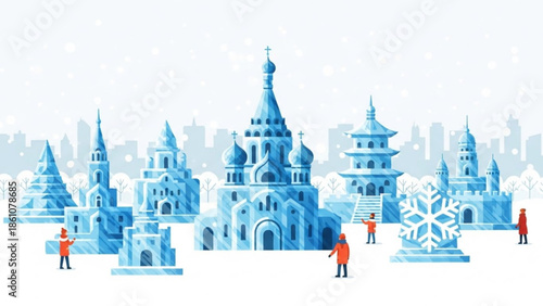 Winter wonderland scene with ice castles, snowflakes, and people in orange coats standing in front of frozen architecture, snowy cityscape background