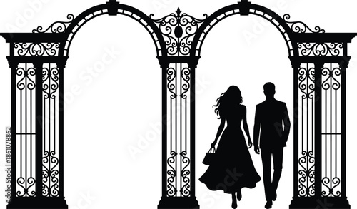 Elegant couple silhouettes walking through ornate archway gates, romance journey concept, luxury lifestyle illustration isolated on white background design art