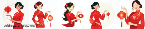 vector half body of a woman holding a Chinese New Year lantern