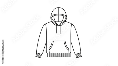 Front view of a black and white simple outline sketch of a hooded sweatshirt with a front pocket