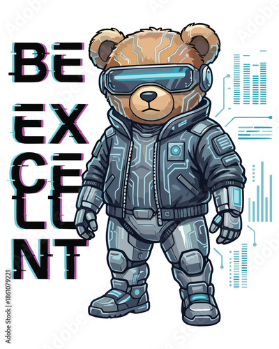 Futuristic cyber teddy bear in augmented reality gear, embracing technology with a sleek, neon-lined suit, vector art.