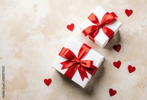 White gift boxes with red ribbons and heart decorations on textured background