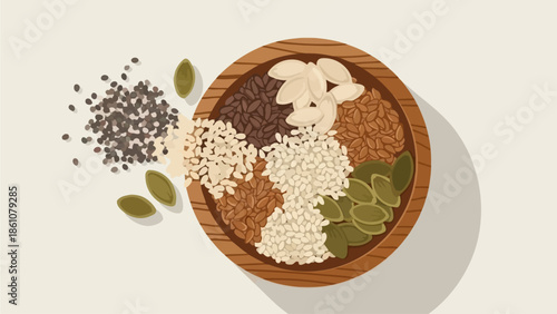 Vibrant illustration rustic wooden bowl brimming with a diverse, healthy mix of superfood seeds, perfect for nutritious eating and a balanced diet