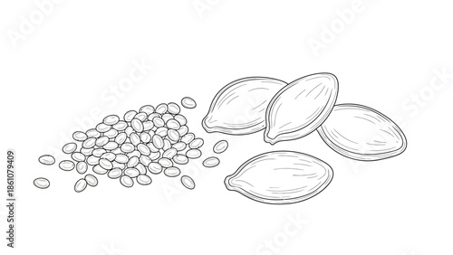 Detailed monochrome illustration showcasing a healthy assortment of various seeds, featuring shelled pumpkin seeds alongside a pile of small, nutritious flax or sesame seeds