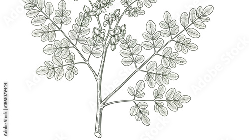 Botanical illustration of a Moringa tree branch with leaves and flower buds, depicting its delicate structure and natural beauty