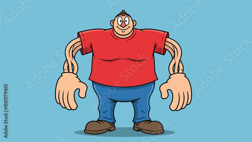 Humorous cartoon illustration of a strong, muscular man with exaggerated oversized hands and a friendly face, wearing a red t-shirt and blue jeans, standing confidently