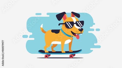 Cool Cartoon Dog Skateboarding with Sunglasses. Adorable pet having fun on a skateboard, depicting a playful and stylish animal character with a vibrant design perfect for various projects