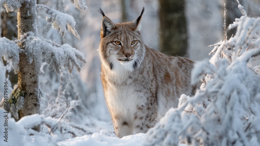 Obraz premium Snowy woodland scene with a lone lynx under cold winter light