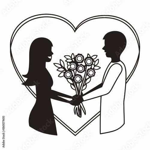 A loving couple with a bouquet of flowers framed within a heart shape, symbolizing affection and romance