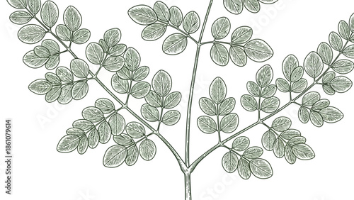 Detailed illustration of delicate leaves on a branch, showcasing natural botanical patterns and intricate details