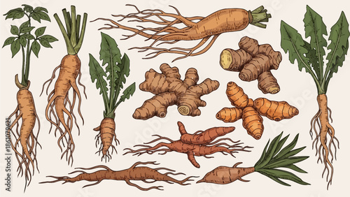 Collection of Various Roots and Herbs Used in Natural Medicine and Herbalism