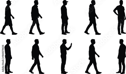 Set of male silhouettes walking and standing in various poses, casual men figures, human shadow collection isolated white background design