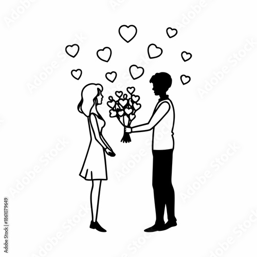 Man presenting bouquet to woman surrounded by floating hearts in a tender moment