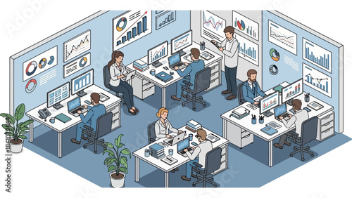 Modern office setting with professionals working on computers and analyzing data on screens, illustrating teamwork and data-driven decision making