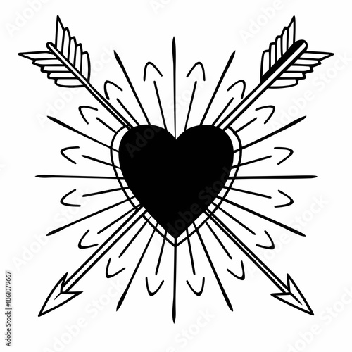 A heart pierced by multiple arrows surrounded by decorative elements