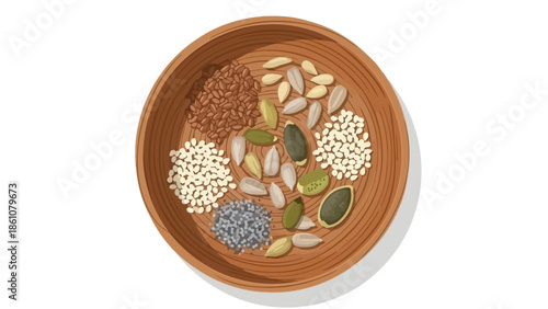 A Close-Up Overhead View of a Wooden Bowl Filled with a Variety of Healthy Seeds and Grains