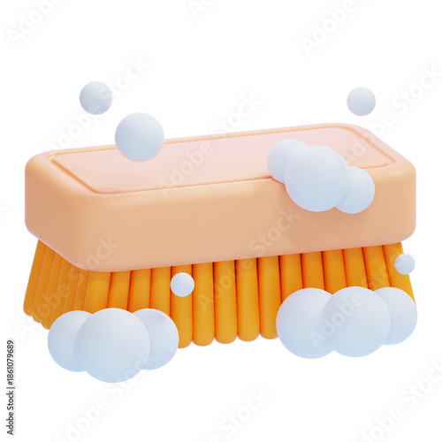 PNG 3D Cleaning Brush with Soap and Bubbles Icon Isolated on a White Background