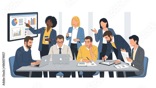 Diverse team collaborating on a business presentation with charts and data, fostering a productive meeting environment