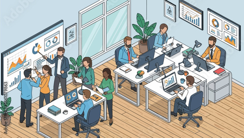 Diverse team collaborating on business strategy and data analysis in a modern office environment