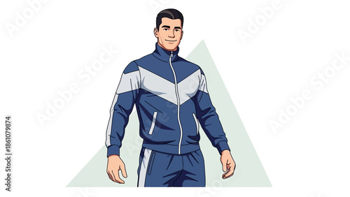 Athletic Man in a Stylish Blue and White Tracksuit, Posing Confidently