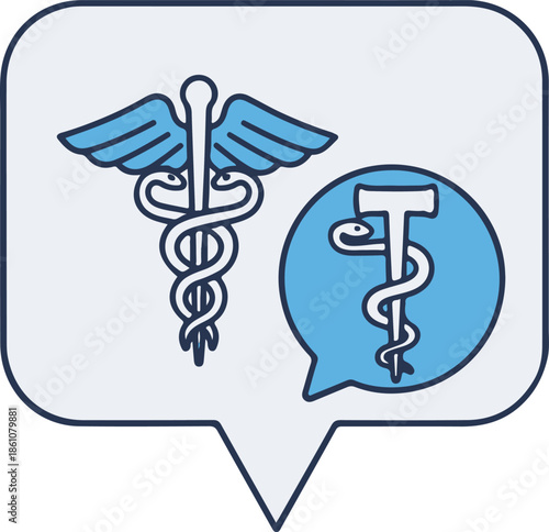 A professional medical vector icon featuring the winged Caduceus symbol of medicine alongside a speech bubble containing the Rod of Asclepius, representing medical communication and advice.