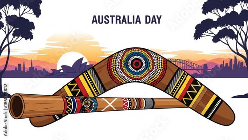 Didgeridoo with australia day text, sydney skyline, and vibrant aboriginal patterns at sunset