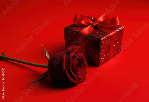 Elegant red rose and gift box with ribbon on vibrant red background