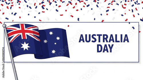 Australia day celebration banner with australian flag and confetti, patriotic waving flag design for national holiday