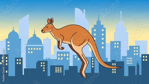 Brown kangaroo jumping over city skyline at sunset with tall buildings and lit windows in the background