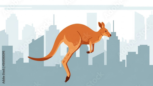 Kangaroo jumping in front of a city skyline, urban wildlife, modern cityscape background, vector illustration, cartoon style