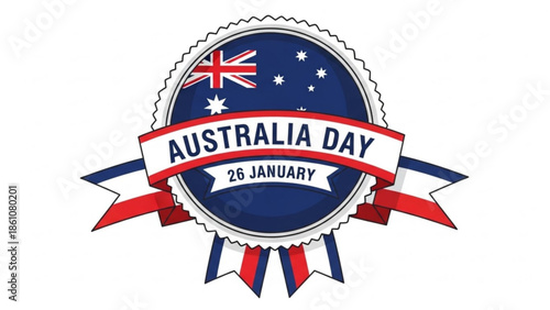 Australia day celebration emblem with flag and ribbons on white background for national holiday on january 26th