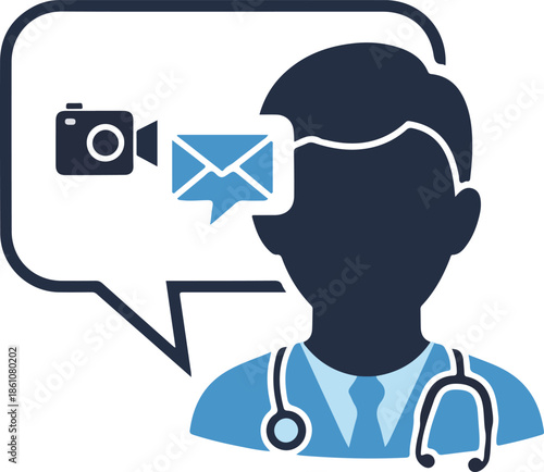 A professional vector icon featuring a male doctor silhouette with a stethoscope. A speech bubble contains video camera and email icons, representing telehealth and virtual medical consultations.
