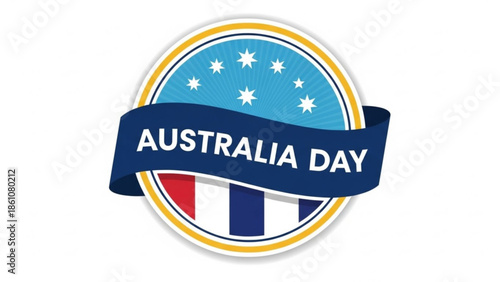 Australia day emblem with blue banner and stars on circular badge with flag colors
