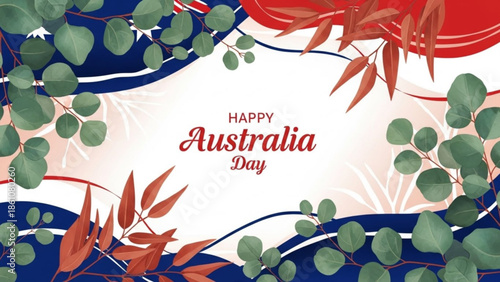 Happy australia day greeting card with eucalyptus leaves and red blue white colors