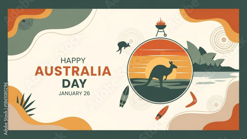 Australia day greeting card with kangaroo and barbecue illustration on january 26