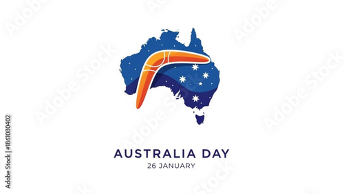 Australia day celebration vector graphic with boomerang and australian flag map on january 26