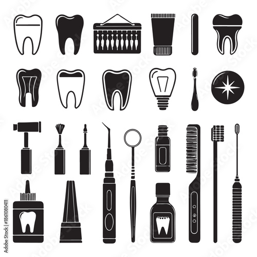 Dental Health Icons, A comprehensive set of black silhouette vector icons related to dentistry and oral care, including various tooth conditions and tools (1).eps