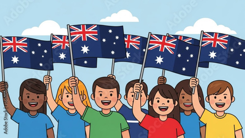 Group of diverse children holding australian flags against blue sky with white clouds