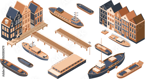 Isometric Amsterdam canal scene illustration with boats, piers, and traditional Dutch houses, waterfront city elements for travel and urban design