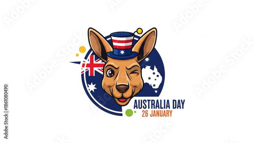 Australia day greeting card with cartoon kangaroo wearing hat and australian flag colors on january 26