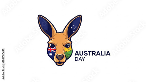 Australia day celebration concept with kangaroo face painted in australian flag colors on white background